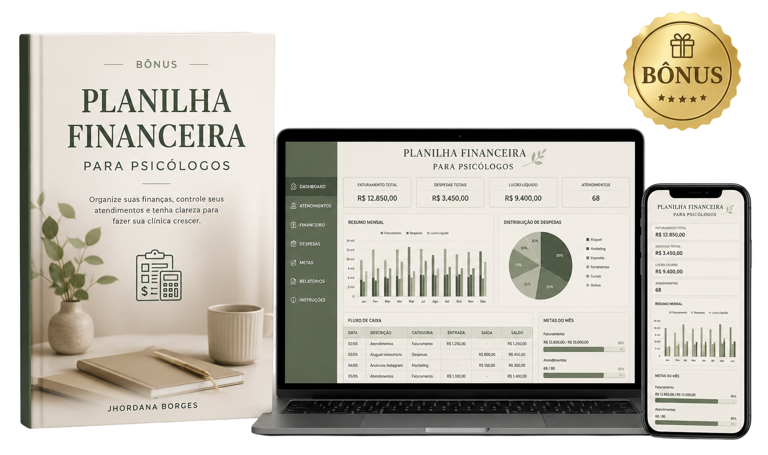 Mockup do bônus Planilha Financeira para Psicólogos